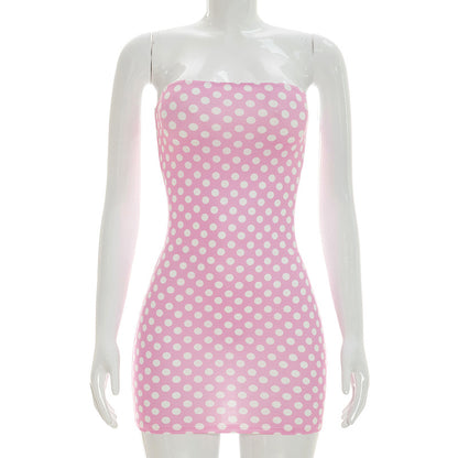 DZHT D26DS072 spring/summer fashion polka dot print tube top tight sheath dress