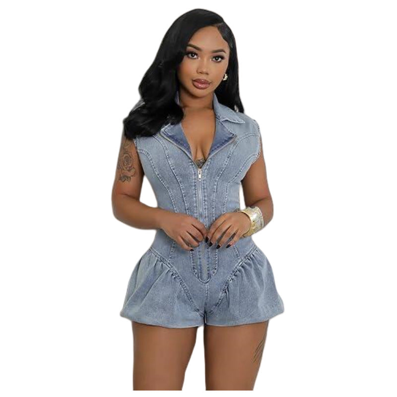 MZ (S-2XL) denim jumpsuit MZ88652 sleeveless stretch jumpsuit lantern shorts