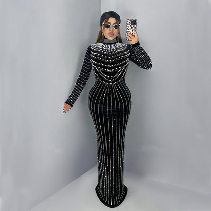 XYZ C7617 elegant velvet rhinestone long sleeve dress