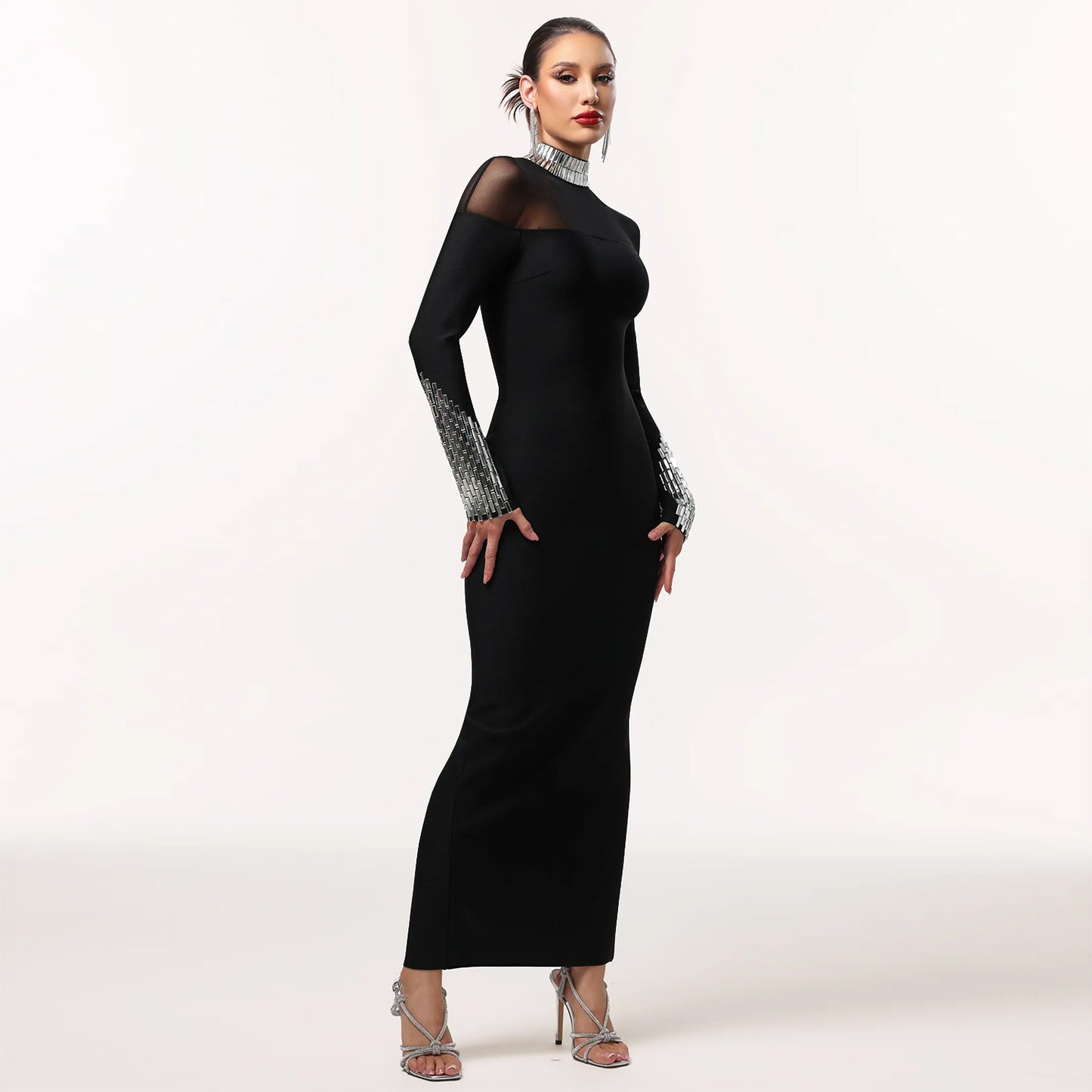 XYZ C7592 turtleneck long sleeve slim fit rhinestone dress