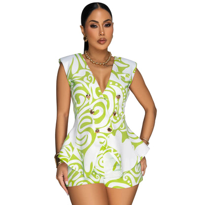 MYF (S-2XL) 20209 printed V-neck sleeveless suit short casual two-piece suit