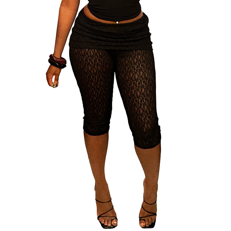 DZHT D26PT007 slim-fit slimming lace flip waist folding tight cropped pants