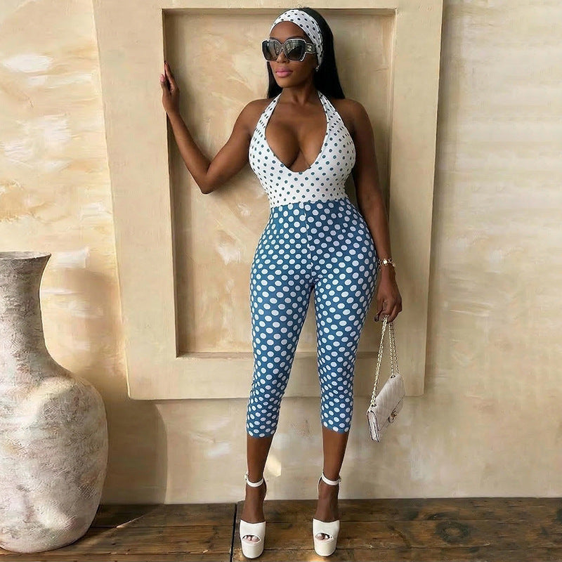 DZHT J26JP055 minimalist creative tight black and white polka dot jumpsuit