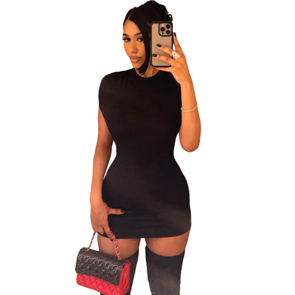 SXR 2026 spring round neck sexy hollow slim hip-wrapped short dress