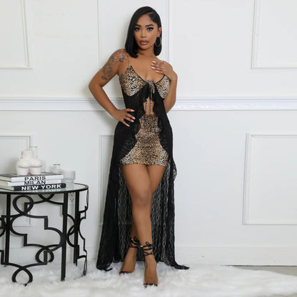 MYF (S-2XL) Sling lace leopard print skirt suit