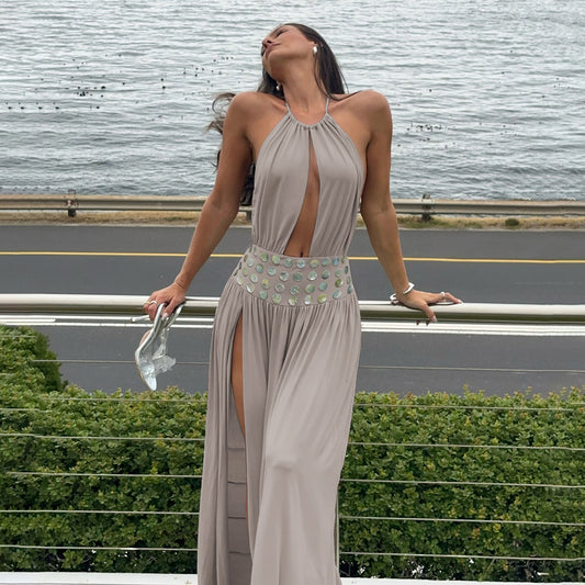 SXR 2026 spring sexy deep V cropped waist slit halter dress