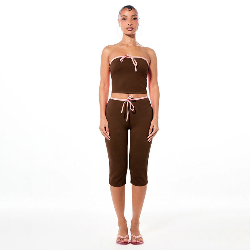 DZHT Q26ST074 sleeveless midriff-baring tube top tight cropped pants contrast color suit