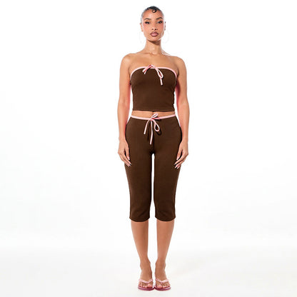 DZHT Q26ST074 sleeveless midriff-baring tube top tight cropped pants contrast color suit