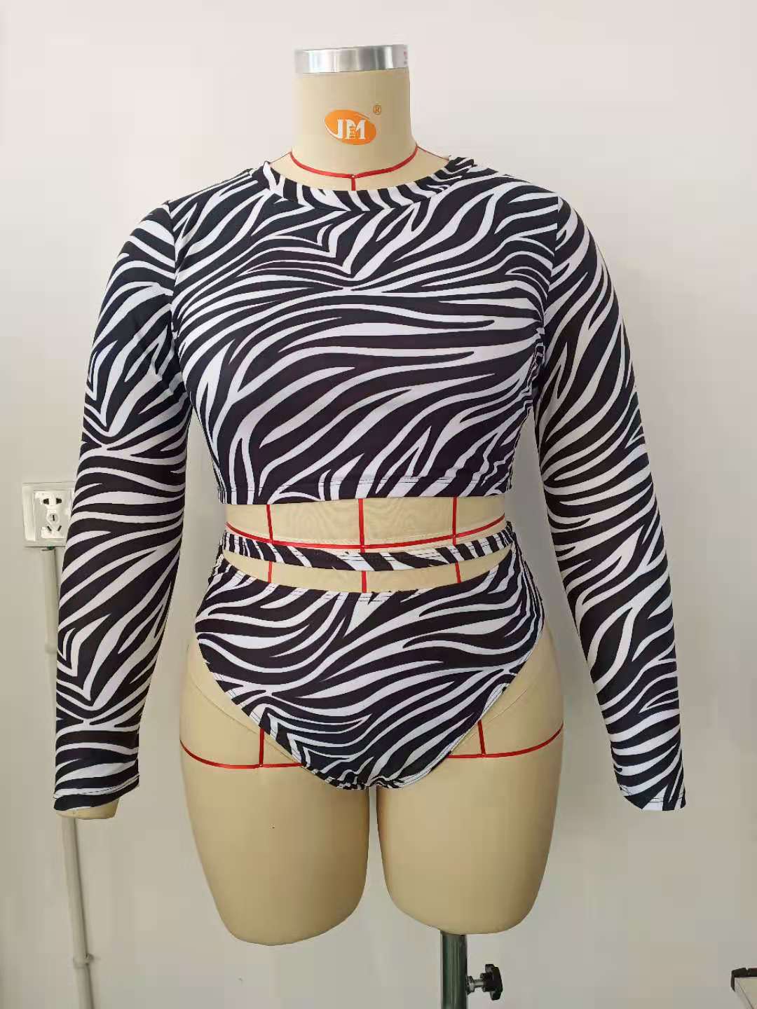 LF (L-4XL) swimsuit women's split long sleeve large size printed Conservative