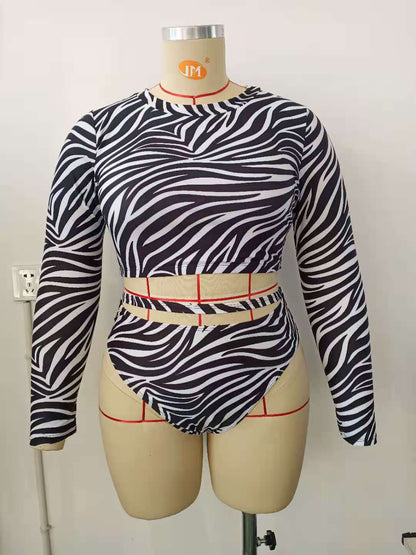 LF (L-4XL) swimsuit women's split long sleeve large size printed Conservative