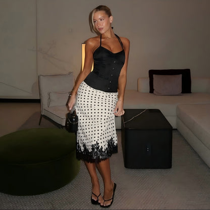 DLS 2026 Summer versatile polka dot printed lace stitching midi skirt