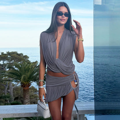 SXR K6S09819A summer pleated V-neck top split skirt outfit