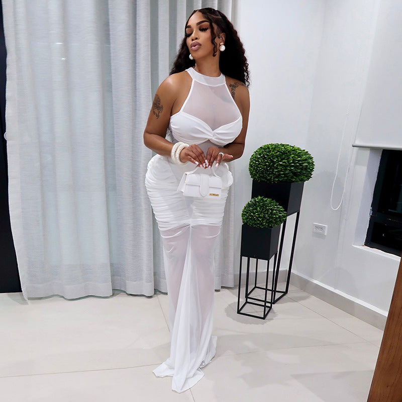 DZHT D26DS180 mesh stitching see-through sleeveless twisted pleated dress