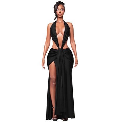 DZHT J25DS474 fashion halter sleeveless waist sheath split deep V dress
