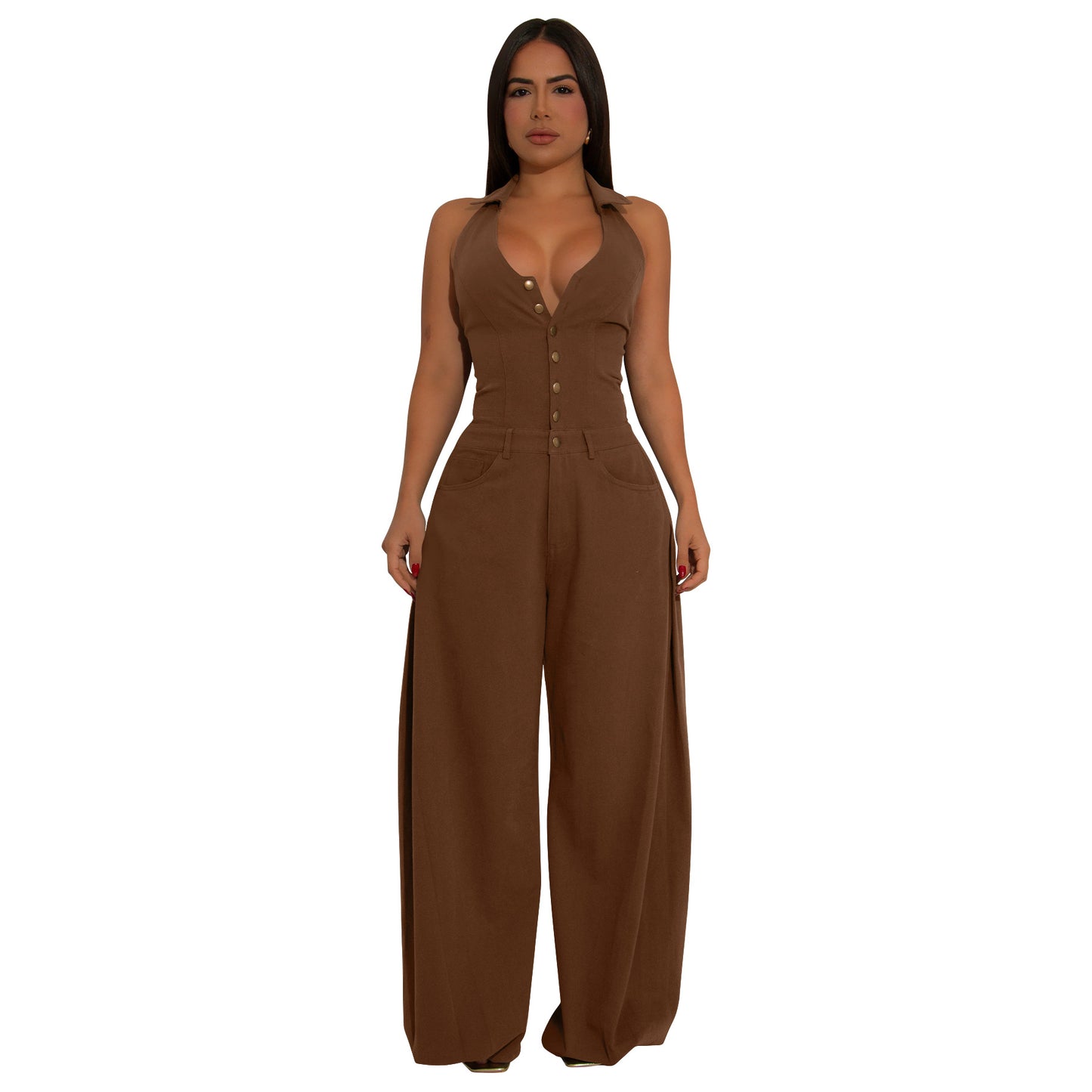 MYF (S-2XL) 10884 pocket sleeveless backless casual jumpsuit