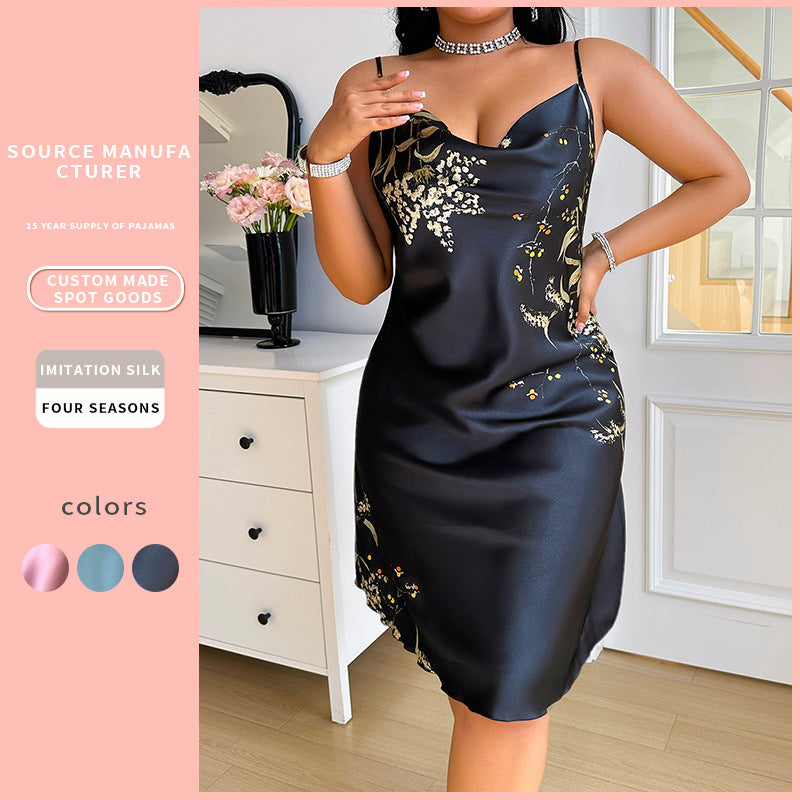 DNL plus size printed silk-like polyester suspender skirt backless pajamas