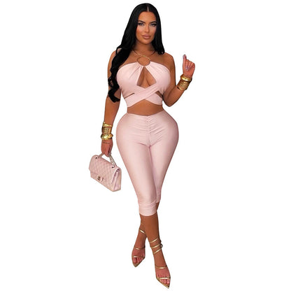 DZHT C26ST219 solid color hollow-out halter top tight cropped pants suit