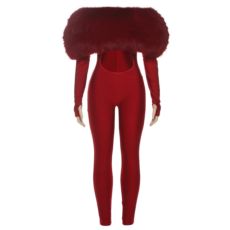 SXR autumn and winter off-shoulder furry stitching midriff-baring long sleeve jumpsuit