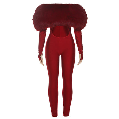 SXR autumn and winter off-shoulder furry stitching midriff-baring long sleeve jumpsuit