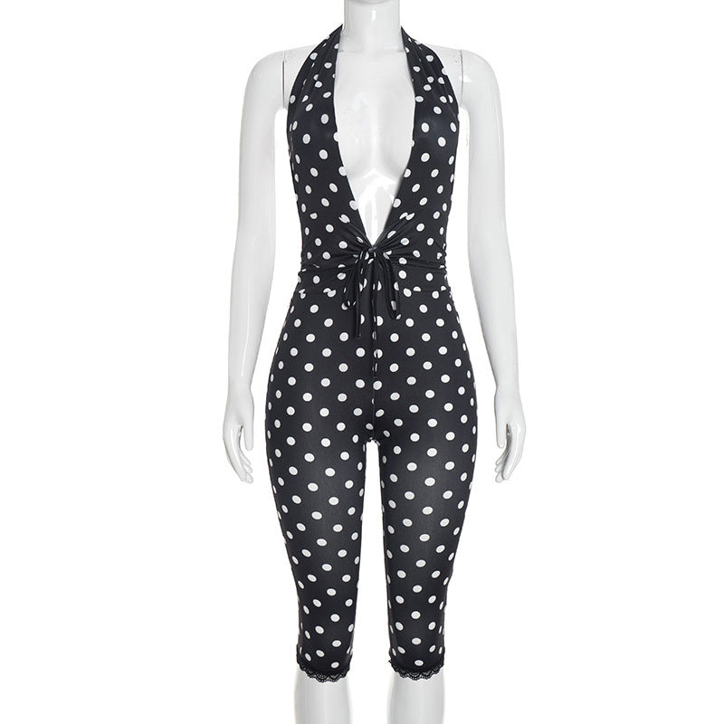 DZHT Q26JP118 polka dot halter backless rope waist lace jumpsuit