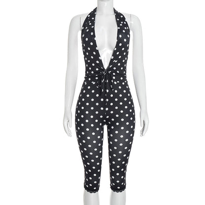 DZHT Q26JP118 polka dot halter backless rope waist lace jumpsuit