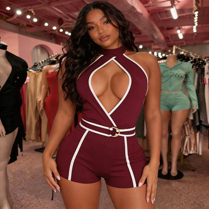 DZHT J26RP146 summer contrast color halter strap one-piece shorts