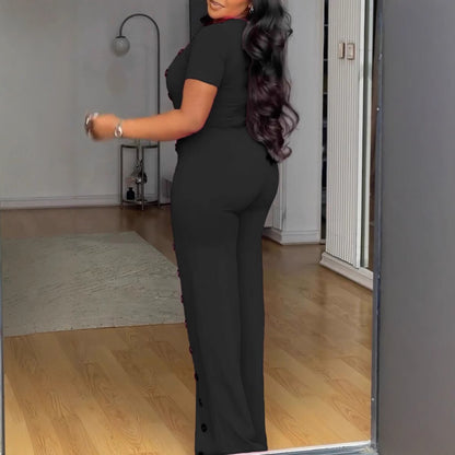 GY (S-3XL) S10893 irregular neckline tight waist wide leg breasted jumpsuit