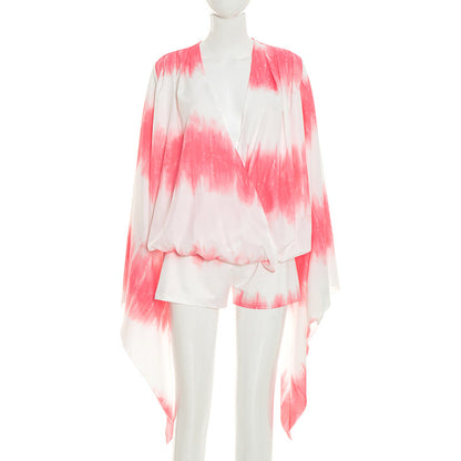 DZHT D26ST156 tie-dye printed large bell sleeve slit top and shorts two-piece suit
