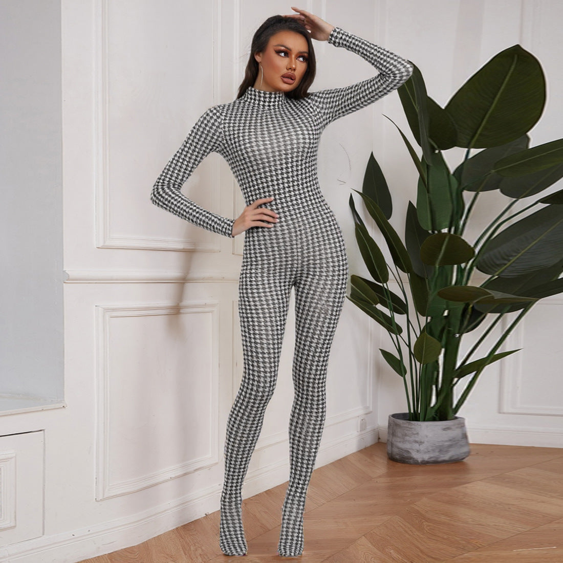 SXR fall winter fashion printed turtleneck long sleeve high waist jumpsuit