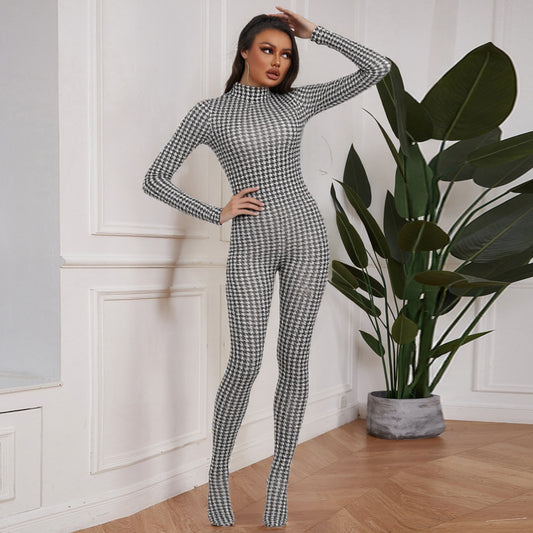 SXR fall winter fashion printed turtleneck long sleeve high waist jumpsuit