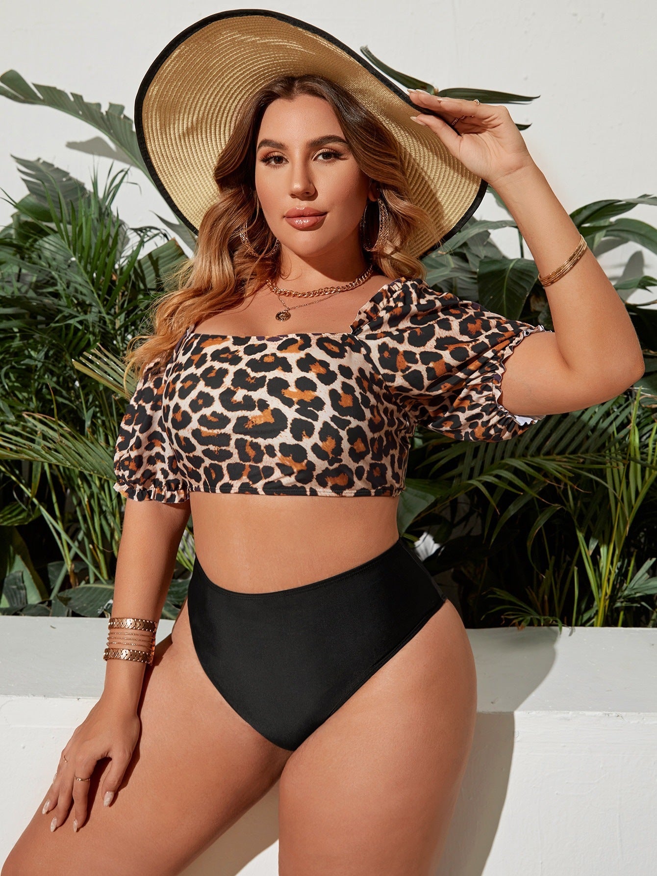 LF (L-4XL) women's split leopard print sexy swimsuit plus size