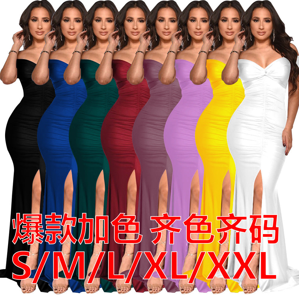 MYF (S-2XL) 10062 spring/summer V-neck off-shoulder hip-wrapped dress fold split long dress