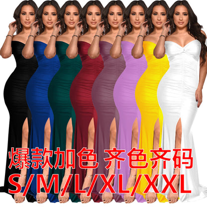 MYF (S-2XL) 10062 spring/summer V-neck off-shoulder hip-wrapped dress fold split long dress