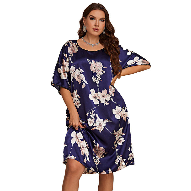 DNL large size mid-length dress with prints silk ice silk nightdress
