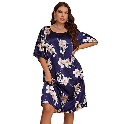DNL large size mid-length dress with prints silk ice silk nightdress