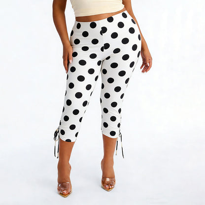 DZHT J26PT106 spring/summer polka dot trousers lace-up mid-waist tight cropped pants