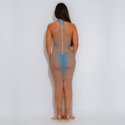 XYZ C7619 sheer mesh rhinestone slim dress