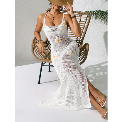 CYB dress hand crocheting flower halter lace-up side slit knitted dress