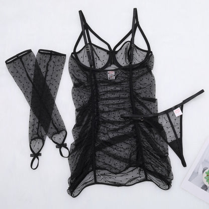 Dot mesh transparent tempting shapewear gloves sexy three-piece set