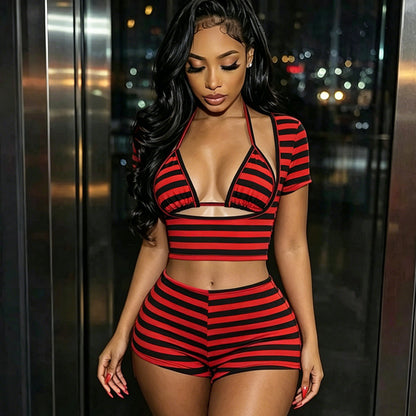 DZHT J26ST161 Sling short top shorts striped printed three-piece set
