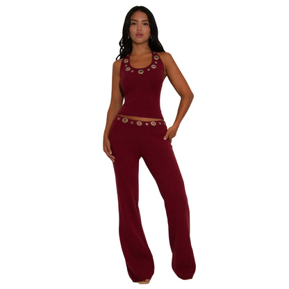 XYZ C7558 casual slim fit eyelet button top and trousers suit