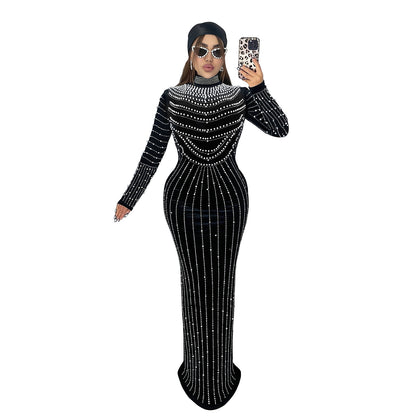 XYZ C7617 elegant velvet rhinestone long sleeve dress