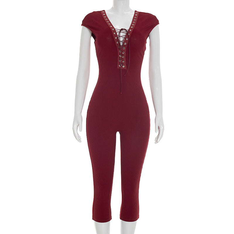 DZHT J26JP095 tight short-sleeved lace-up jumpsuit
