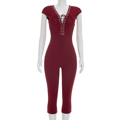 DZHT J26JP095 tight short-sleeved lace-up jumpsuit