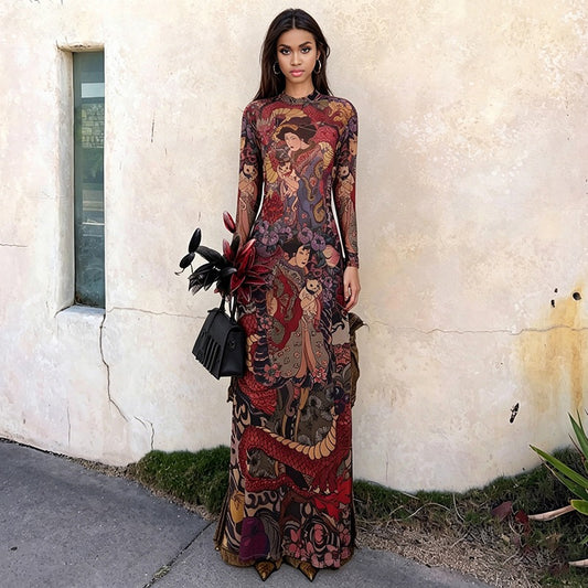 DLS round neck printed waist-controlled slim and tall looking split long top
