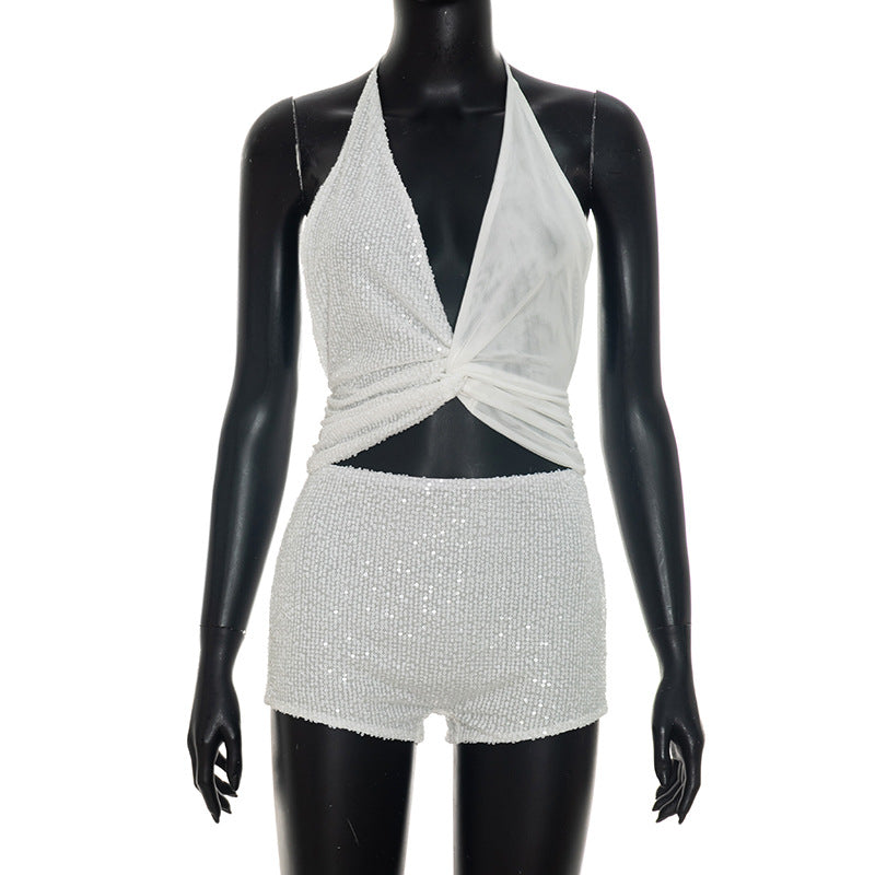 DZHT J26ST260 V-neck halter tied spaghetti-strap top tight shorts sequined two-piece suit
