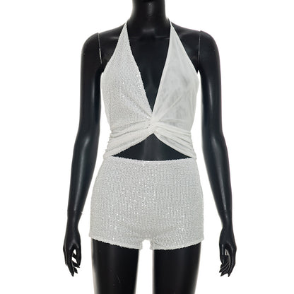 DZHT J26ST260 V-neck halter tied spaghetti-strap top tight shorts sequined two-piece suit