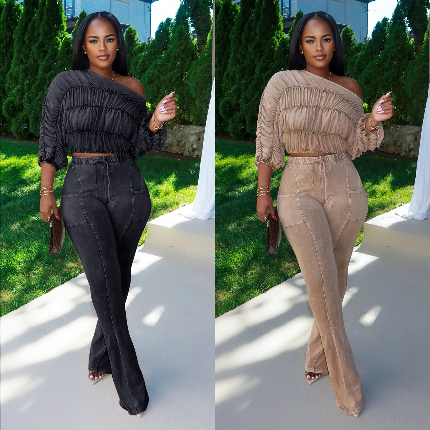XYZ C7568 casual shoulder long sleeve top and trousers two-piece set