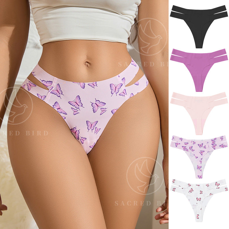 Grinding butterfly printing large size Ice Silk seamless one-piece T-type free sexy T-back