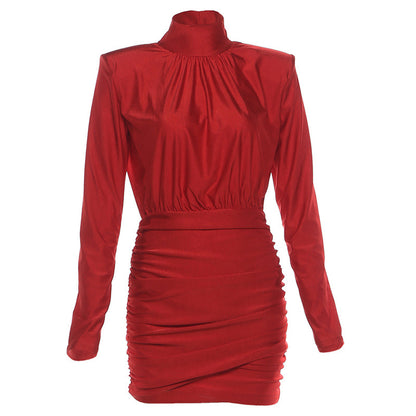 SXR autumn turtleneck long sleeve narrow short skirt solid color dress